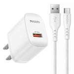 Yesido 18W USB Single Interface Charger Set with USB to Type-C Cable, EU Plug, UK Plug, US Plug