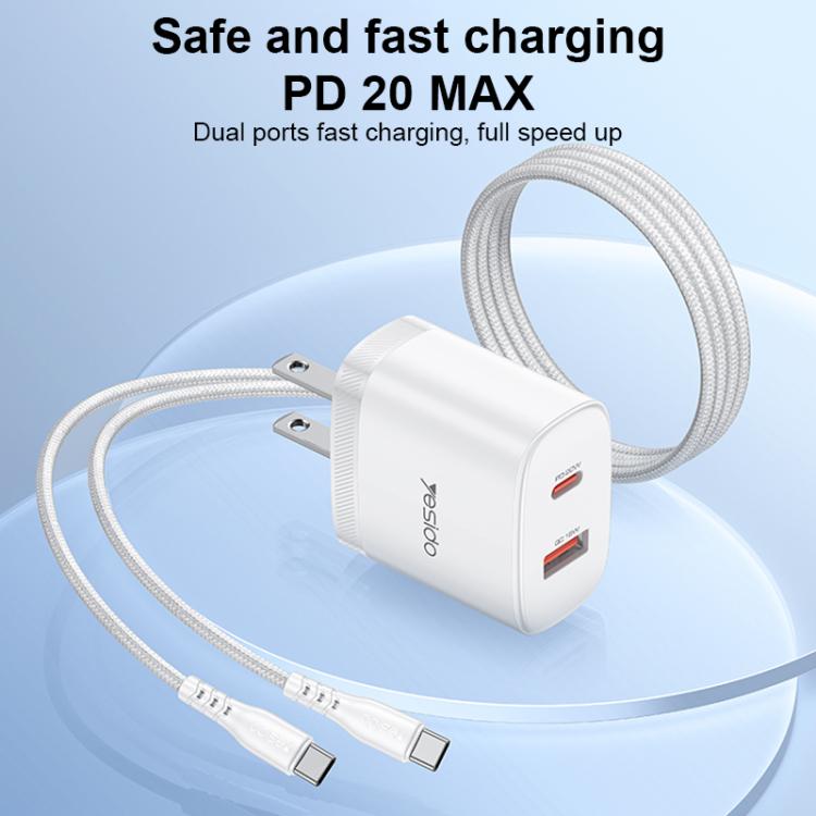 Yesido YC19U PD20W USB-C / Type-C 與 QC18W USB-A 雙接口充電器套裝，附 Type-C 轉 Type-C 線，YC19U