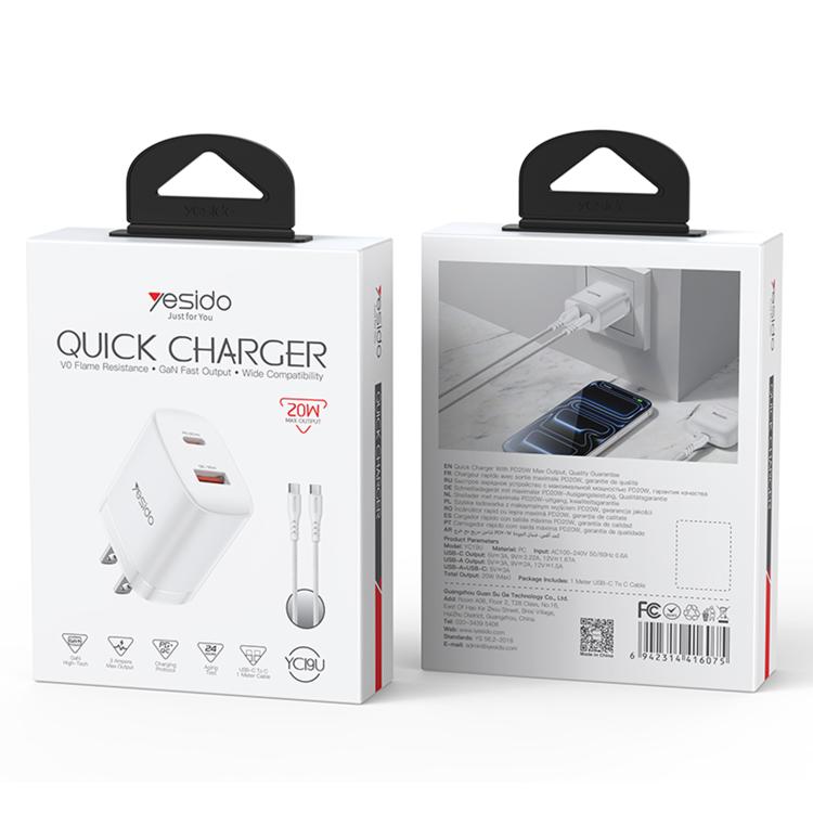 Yesido YC19U PD20W USB-C / Type-C 與 QC18W USB-A 雙接口充電器套裝，附 Type-C 轉 Type-C 線，YC19U