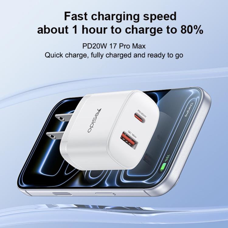 Yesido YC19U PD20W USB-C / Type-C 與 QC18W USB-A 雙接口充電器套裝，附 Type-C 轉 Type-C 線，YC19U