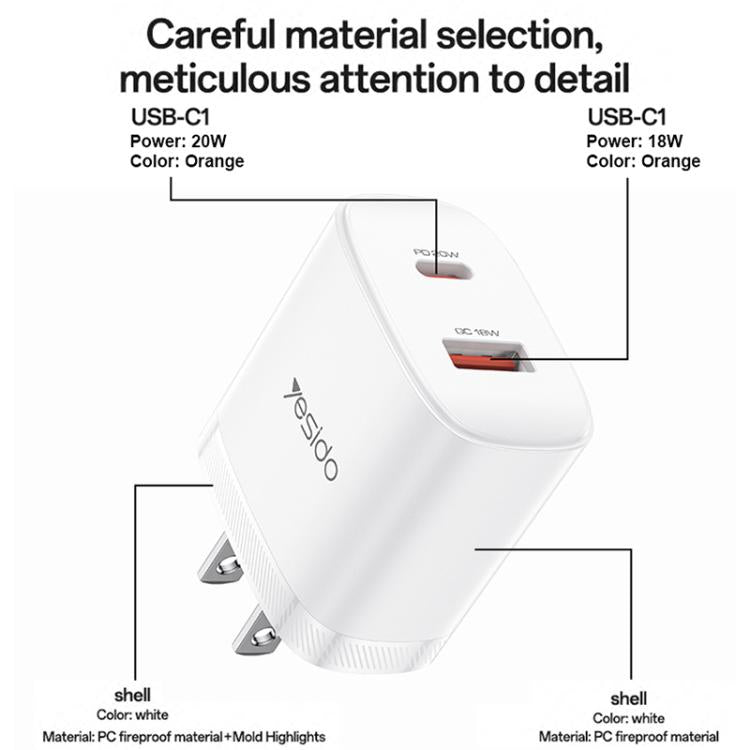 Yesido YC19U PD20W USB-C / Type-C 與 QC18W USB-A 雙接口充電器套裝，附 Type-C 轉 Type-C 線，YC19U