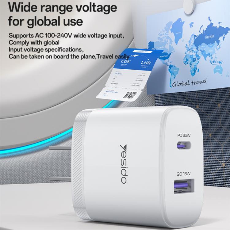 Yesido PD35W Type-C, USB Fast Charger Kit with Type-C to Type-C Cable, US Plug, EU Plug, UK Plug
