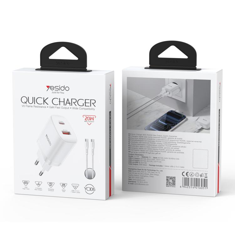 Yesido YC106 PD20W USB-C / Type-C 與 QC18W USB-A 雙接口充電器套裝，附 Type-C 轉 Type-C 線，YC106