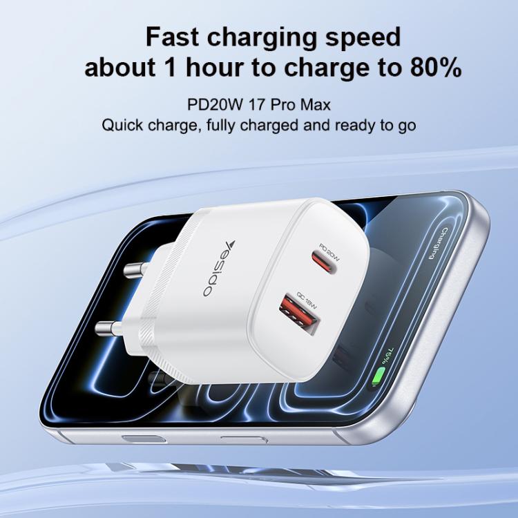 Yesido YC106 PD20W USB-C / Type-C 與 QC18W USB-A 雙接口充電器套裝，附 Type-C 轉 Type-C 線，YC106