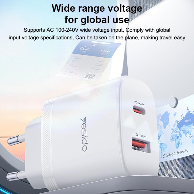 Yesido YC106 PD20W USB-C / Type-C 與 QC18W USB-A 雙接口充電器套裝，附 Type-C 轉 Type-C 線，YC106