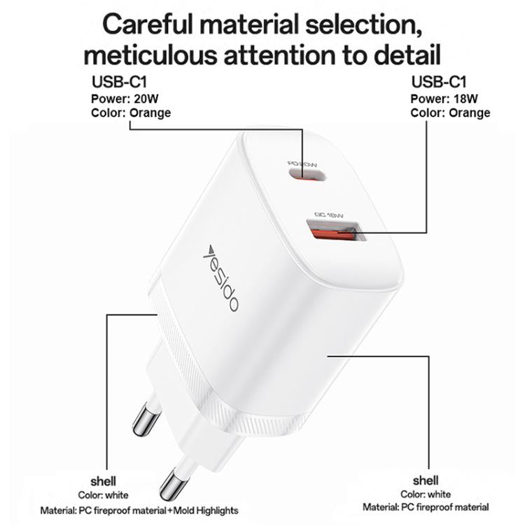 Yesido YC106 PD20W USB-C / Type-C 與 QC18W USB-A 雙接口充電器套裝，附 Type-C 轉 Type-C 線，YC106