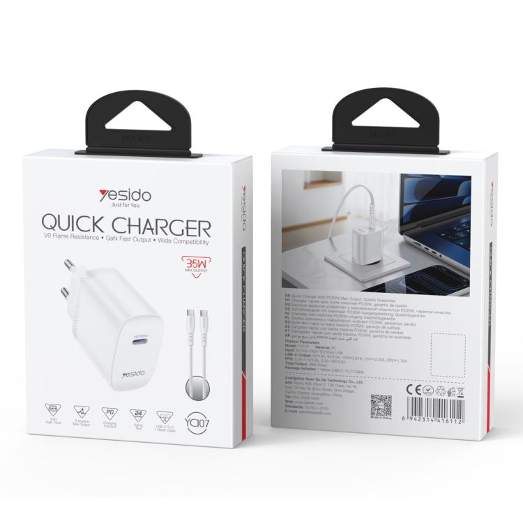 Yesido YC107 PD35W USB-C / Type-C 單接口快充套裝，附 Type-C 轉 Type-C 線，YC107