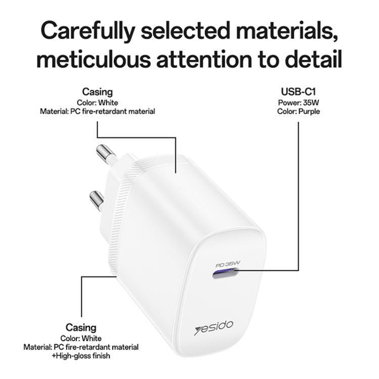 Yesido YC107 PD35W USB-C / Type-C 單接口快充套裝，附 Type-C 轉 Type-C 線，YC107