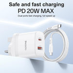 Yesido YC152 PD20W USB-C / Type-C 與 QC18W USB-A 雙接口充電器套裝，附 Type-C 轉 Type-C 線，YC152