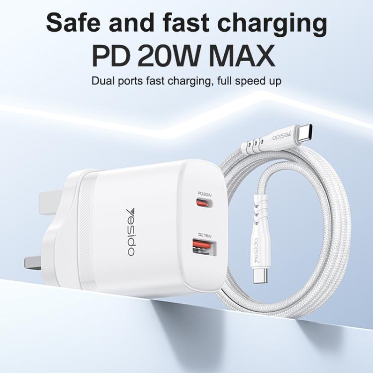 Yesido YC152 PD20W USB-C / Type-C 與 QC18W USB-A 雙接口充電器套裝，附 Type-C 轉 Type-C 線，YC152