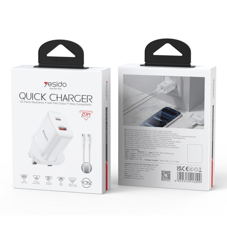 Yesido YC152 PD20W USB-C / Type-C 與 QC18W USB-A 雙接口充電器套裝，附 Type-C 轉 Type-C 線，YC152