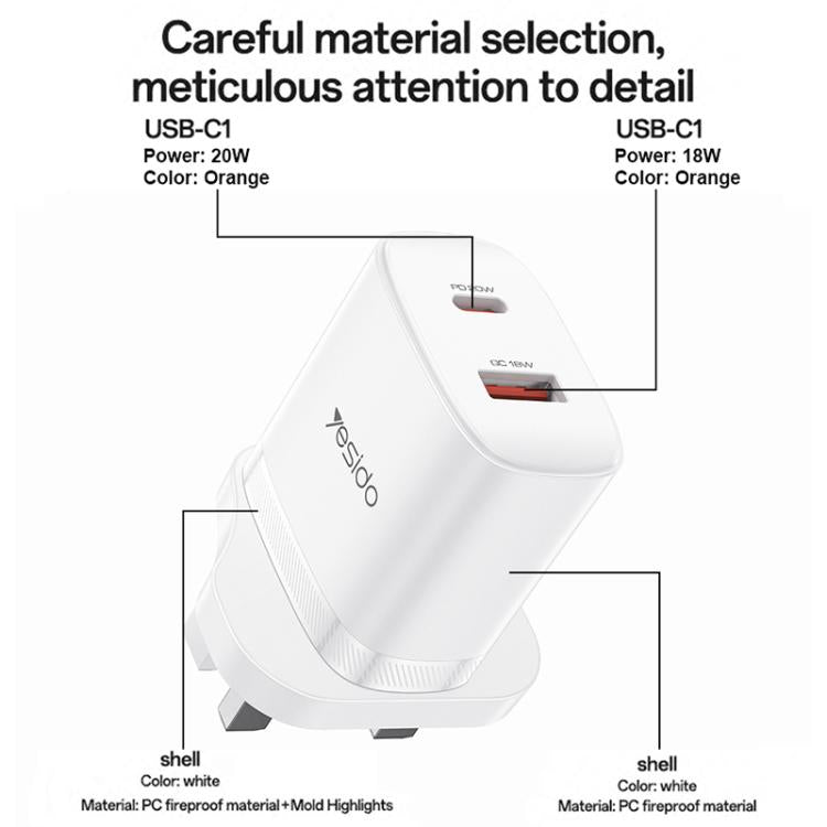 Yesido YC152 PD20W USB-C / Type-C 與 QC18W USB-A 雙接口充電器套裝，附 Type-C 轉 Type-C 線，YC152