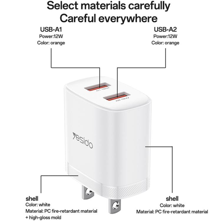 Yesido YC17U 12W 2.4A USB 雙埠充電器組合，附 1m USB 轉 Type-C 數據線，YC17U