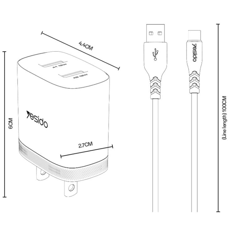 Yesido YC17U 12W 2.4A USB 雙埠充電器組合，附 1m USB 轉 Type-C 數據線，YC17U