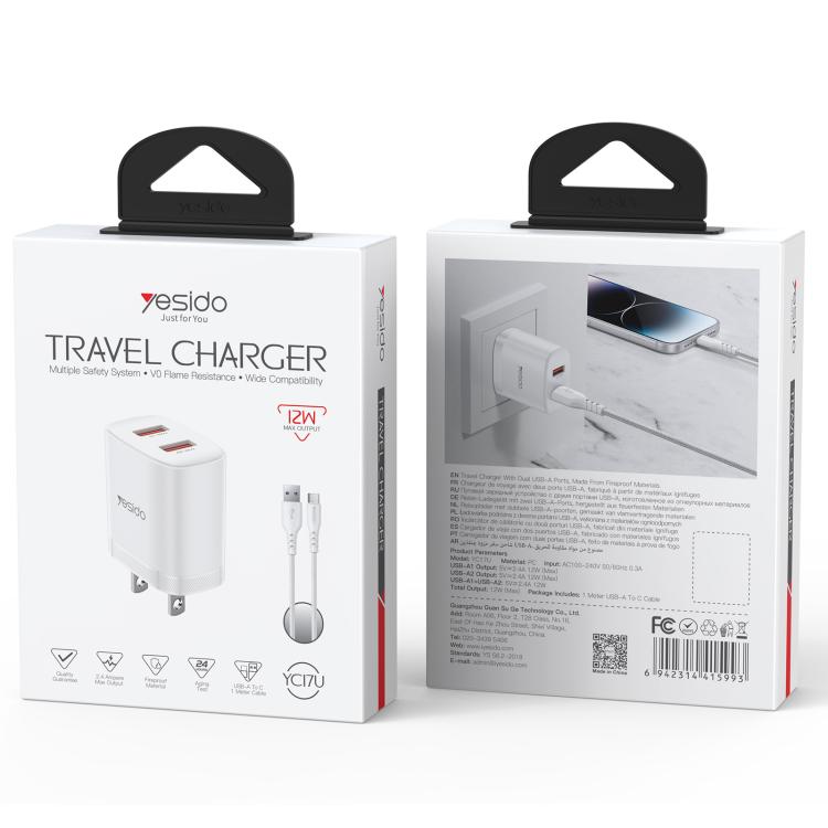 Yesido YC17U 12W 2.4A USB 雙埠充電器組合，附 1m USB 轉 Type-C 數據線，YC17U
