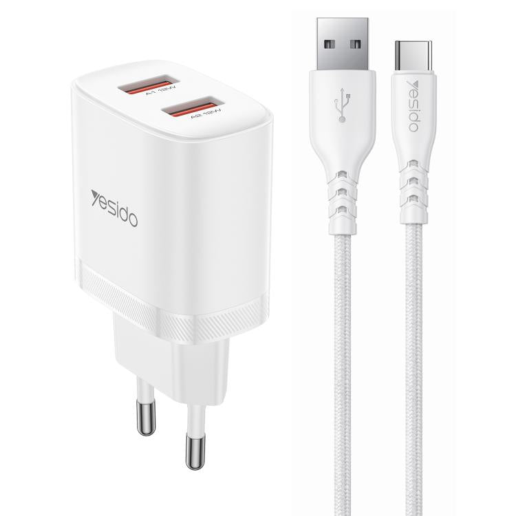 Yesido YC104 12W 2.4A USB 雙埠充電器組合，附 1m USB 轉 Type-C 數據線，YC104