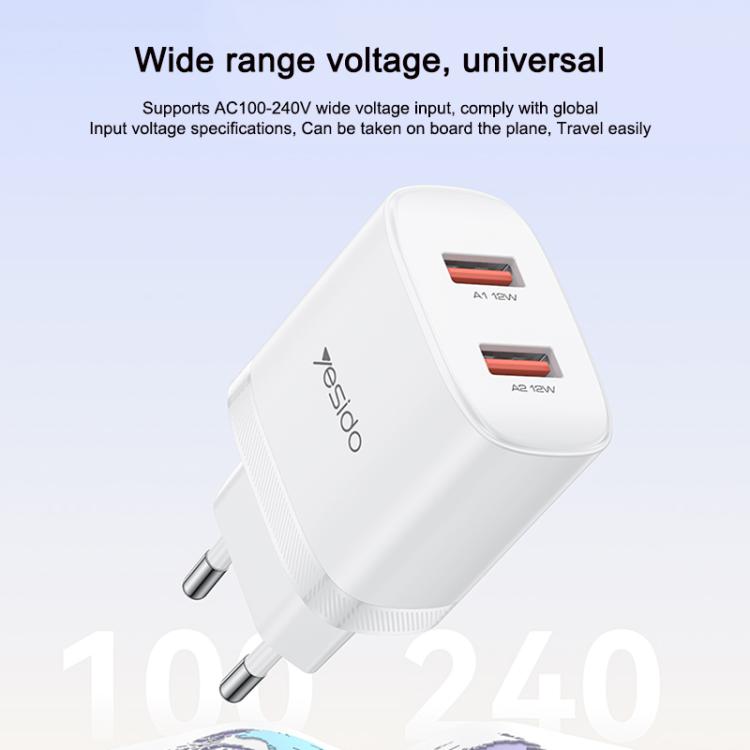 Yesido YC104 12W 2.4A USB 雙埠充電器組合，附 1m USB 轉 Type-C 數據線，YC104