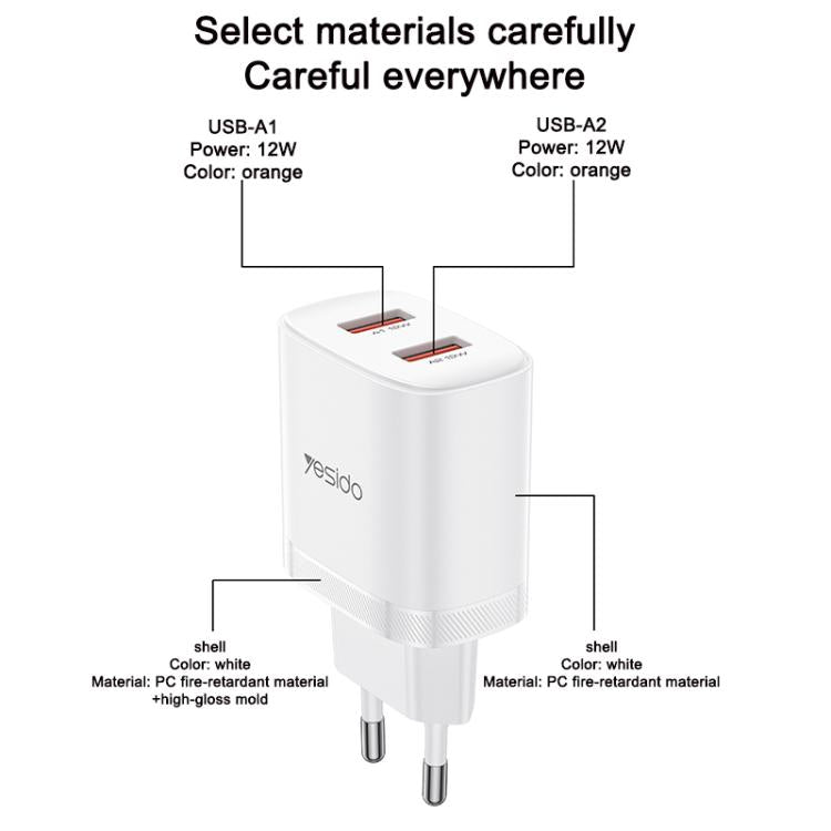 Yesido YC104 12W 2.4A USB 雙埠充電器組合，附 1m USB 轉 Type-C 數據線，YC104