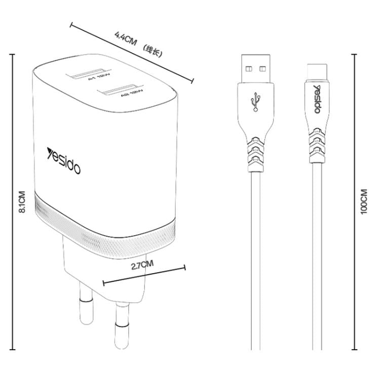 Yesido YC104 12W 2.4A USB 雙埠充電器組合，附 1m USB 轉 Type-C 數據線，YC104