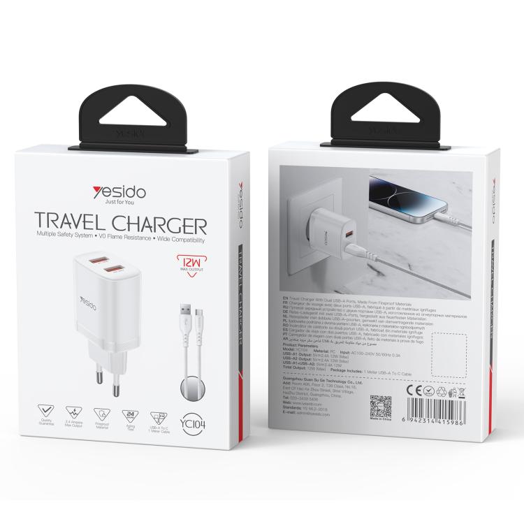 Yesido YC104 12W 2.4A USB 雙埠充電器組合，附 1m USB 轉 Type-C 數據線，YC104