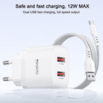Yesido YC104 12W 2.4A USB 雙埠充電器組合，附 1m USB 轉 Type-C 數據線，YC104