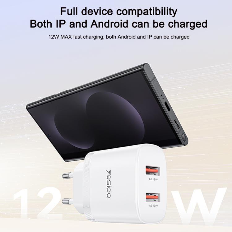 Yesido YC104 12W 2.4A USB 雙埠充電器組合，附 1m USB 轉 Type-C 數據線，YC104
