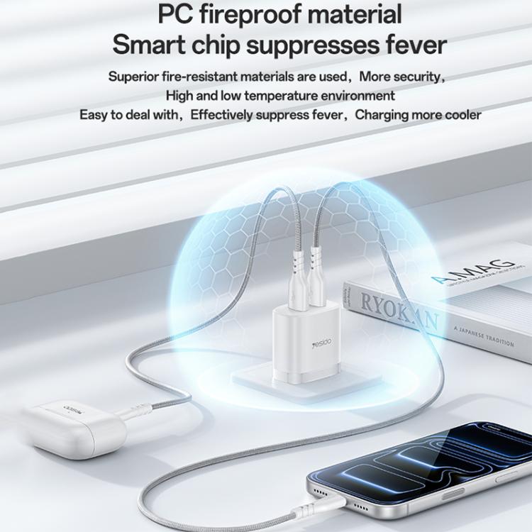 Yesido YC104 12W 2.4A USB 雙埠充電器組合，附 1m USB 轉 Type-C 數據線，YC104