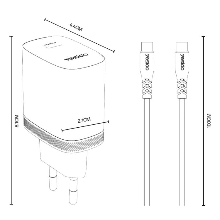 Yesido YC105 PD20W Type-C 充電器組合，附 1m Type-C 轉 Type-C 數據線，YC105