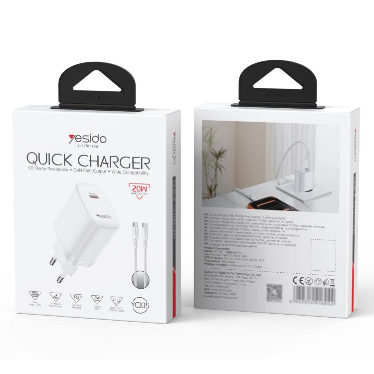 Yesido YC105 PD20W Type-C 充電器組合，附 1m Type-C 轉 Type-C 數據線，YC105