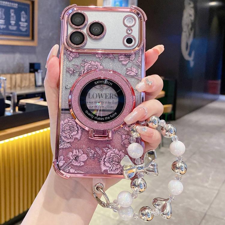 漸層閃粉花卉電鍍手機殼附手腕帶，適用於 iPhone 17 Pro Max，適用於 iPhone 17 Pro，適用於 iPhone 17，適用於 iPhone Air，適用於 iPhone 16 Pro Max，適用於 iPhone 16 Pro，適用於 iPhone 16 Plus，適用於 iPhone 16，適用於 iPhone 15 Pro Max