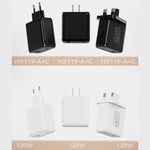 HX119 120W USB 與 Type-C 雙介面快速充電器，歐規插頭、英規插頭、美規插頭