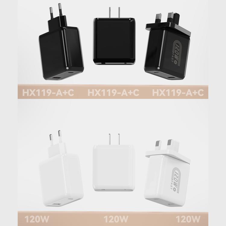 HX119 120W USB 與 Type-C 雙介面快速充電器，歐規插頭、英規插頭、美規插頭