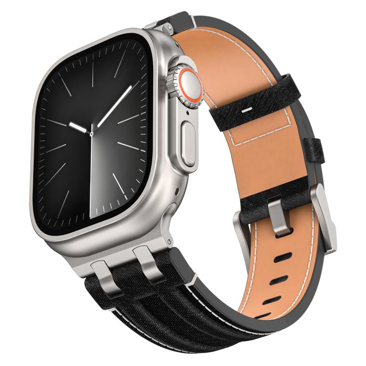 牛仔縫線素皮錶帶，適用於 Apple Watch 46mm / 49mm / 45mm / 44mm