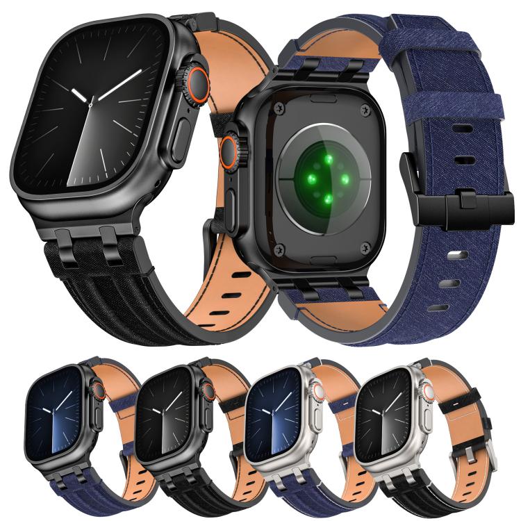 牛仔縫線素皮錶帶，適用於 Apple Watch 46mm / 49mm / 45mm / 44mm