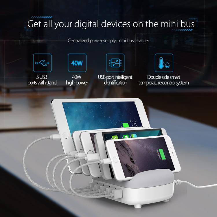 ORICO DUK-5P 40W 5 埠 USB 智能充電站，附支架，美規插頭、英規插頭、澳規插頭