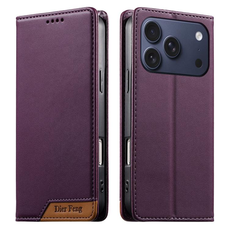 Dierfeng Splicing Strong Magnetic RFID Vegan Leather Phone Case, For iPhone 17e / 16e, For iPhone 17 Pro Max, For iPhone 17 Pro, For iPhone 17, For iPhone Air, For iPhone 16 Pro Max, For iPhone 16 Pro, For iPhone 16 Plus