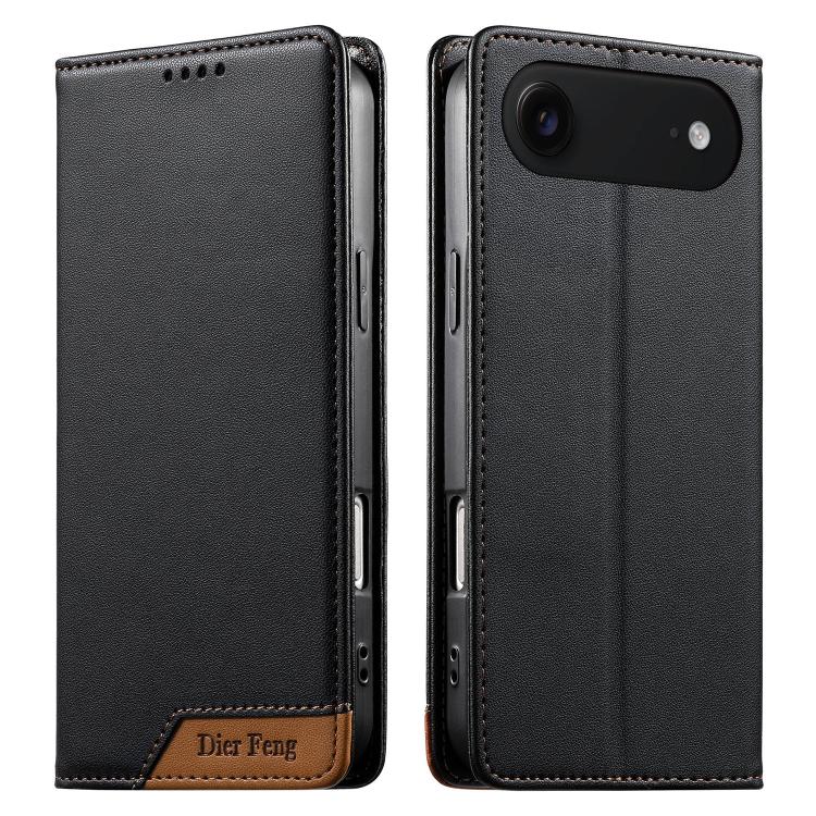 Dierfeng Splicing Strong Magnetic RFID Vegan Leather Phone Case, For iPhone 17e / 16e, For iPhone 17 Pro Max, For iPhone 17 Pro, For iPhone 17, For iPhone Air, For iPhone 16 Pro Max, For iPhone 16 Pro, For iPhone 16 Plus