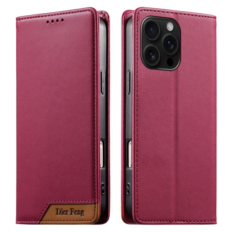 Dierfeng Splicing Strong Magnetic RFID Vegan Leather Phone Case, For iPhone 17e / 16e, For iPhone 17 Pro Max, For iPhone 17 Pro, For iPhone 17, For iPhone Air, For iPhone 16 Pro Max, For iPhone 16 Pro, For iPhone 16 Plus