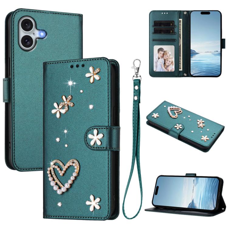 ZS01 Double-Layer Heart Floral Vegan Leather Phone Case with Wrist Strap, For iPhone 16 Pro, For iPhone 16 Plus, For iPhone 16, For iPhone 15 Pro Max, For iPhone 15 Pro, For iPhone 15 Plus