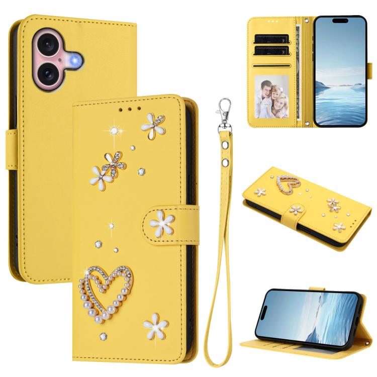 ZS01 Double-Layer Heart Floral Vegan Leather Phone Case with Wrist Strap, For iPhone 16 Pro, For iPhone 16 Plus, For iPhone 16, For iPhone 15 Pro Max, For iPhone 15 Pro, For iPhone 15 Plus