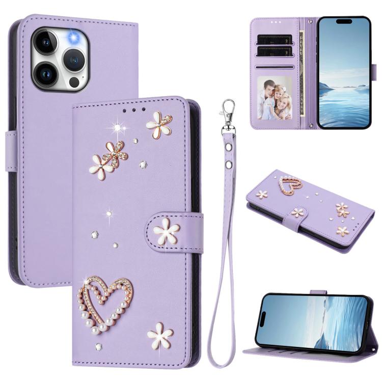 ZS01 Double-Layer Heart Floral Vegan Leather Phone Case with Wrist Strap, For iPhone 16 Pro, For iPhone 16 Plus, For iPhone 16, For iPhone 15 Pro Max, For iPhone 15 Pro, For iPhone 15 Plus