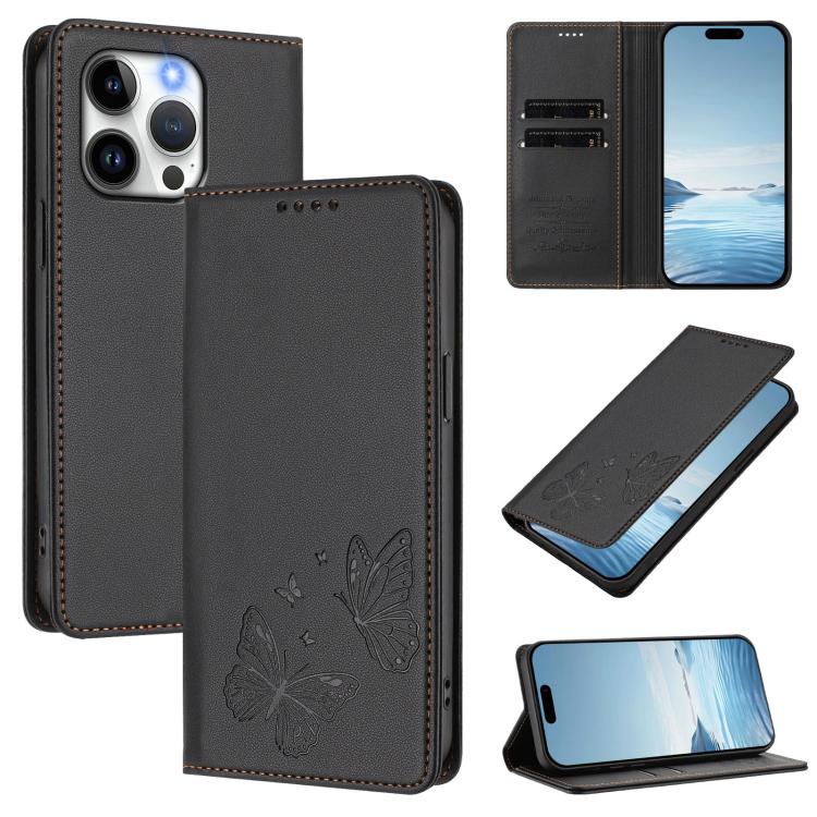 強磁雙蝶RFID素食皮革手機殼，適用於iPhone 14 Pro Max、iPhone 13 Pro Max、iPhone 13 Pro、iPhone 12 / 12 Pro