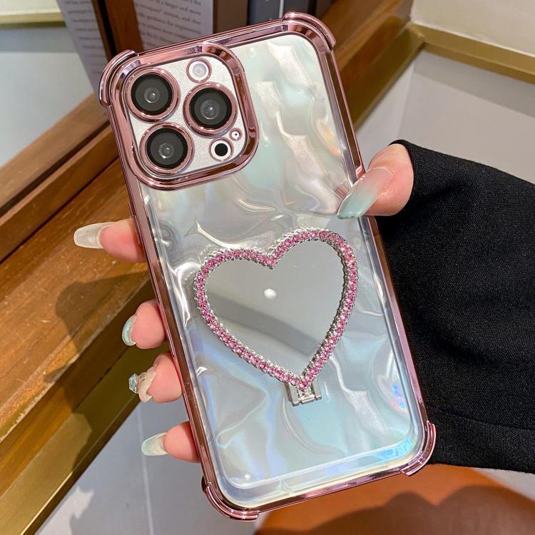心形鏡面電鍍TPU + 壓克力手機殼附支架，適用於 iPhone 13 Pro、iPhone 13、iPhone 12、iPhone 12 Pro Max、iPhone 12 Pro、iPhone 11 Pro Max、iPhone 11、iPhone 11 Pro、iPhone X / XS