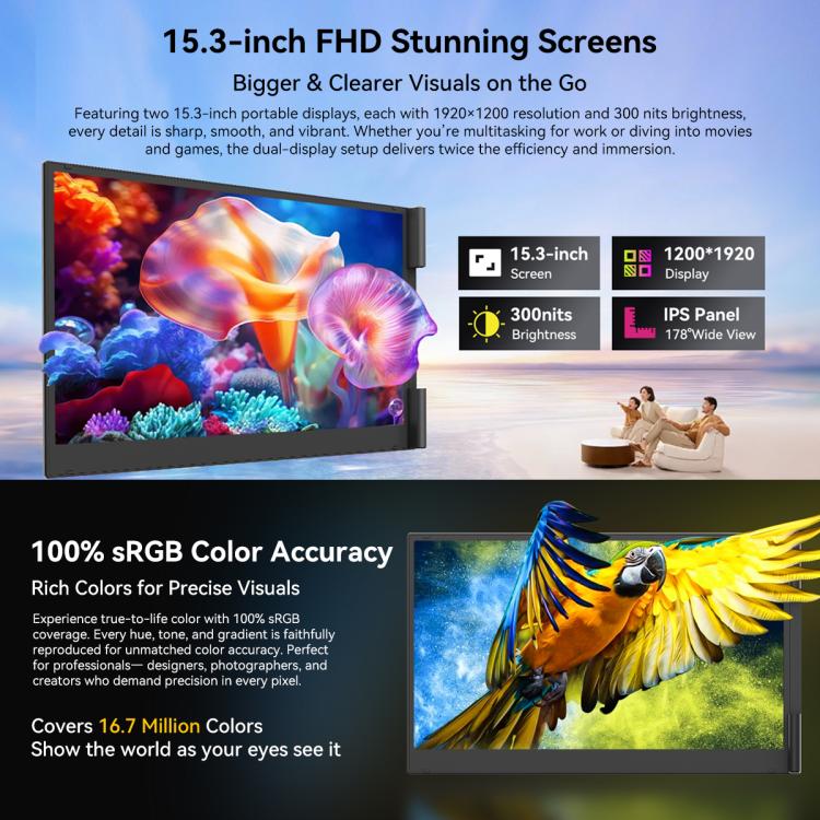 Blackview DCM8 15.3 吋雙顯示便攜式筆記型電腦 LCD 螢幕擴充器含支架，DCM8