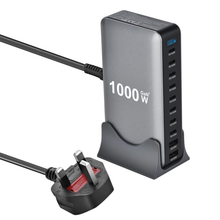 YMX-1000W 1000W 8 個 Type-C 埠及 2 個 USB 共 10 埠數位顯示多功能充電器，澳規插頭、歐規插頭、英規插頭、美規插頭