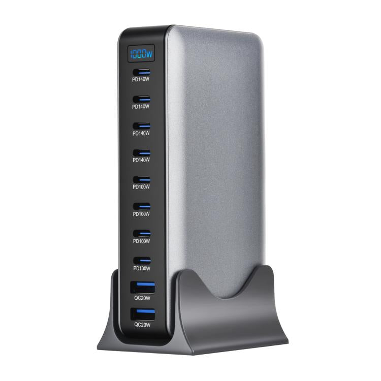 YMX-1000W 1000W 8 個 Type-C 埠及 2 個 USB 共 10 埠數位顯示多功能充電器，澳規插頭、歐規插頭、英規插頭、美規插頭