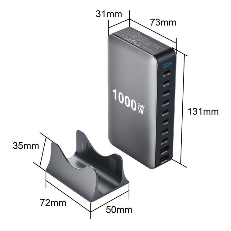 YMX-1000W 1000W 8 個 Type-C 埠及 2 個 USB 共 10 埠數位顯示多功能充電器，澳規插頭、歐規插頭、英規插頭、美規插頭