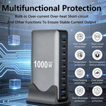 YMX-1000W 1000W 8 個 Type-C 埠及 2 個 USB 共 10 埠數位顯示多功能充電器，澳規插頭、歐規插頭、英規插頭、美規插頭