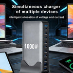 YMX-1000W 1000W 8 個 Type-C 埠及 2 個 USB 共 10 埠數位顯示多功能充電器，澳規插頭、歐規插頭、英規插頭、美規插頭
