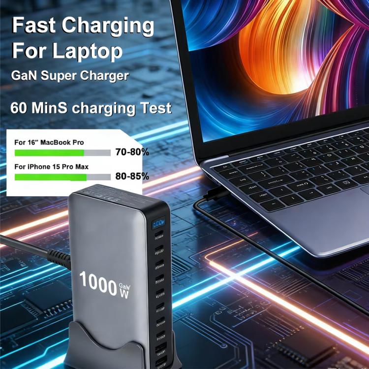 YMX-1000W 1000W 8 個 Type-C 埠及 2 個 USB 共 10 埠數位顯示多功能充電器，澳規插頭、歐規插頭、英規插頭、美規插頭